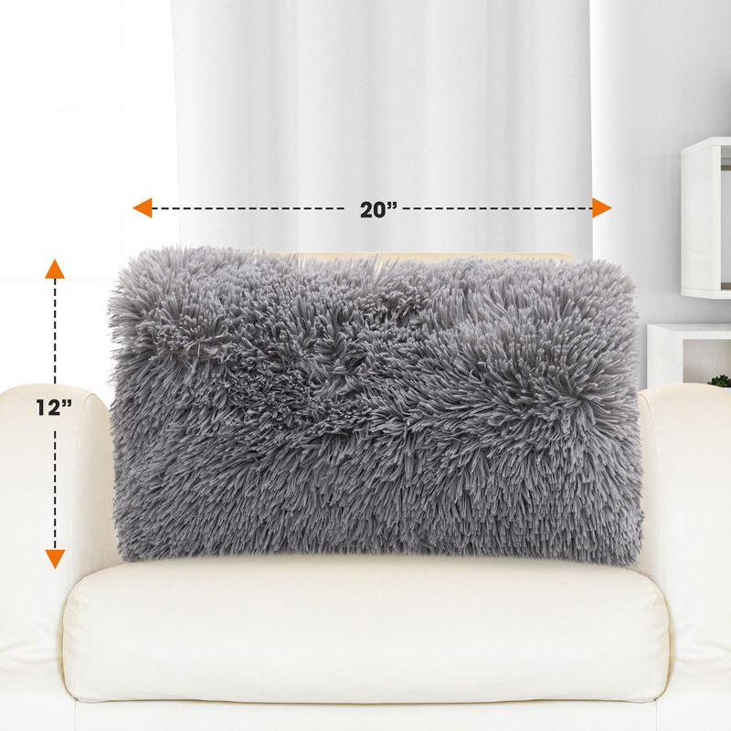 Cheer Collection Super Soft Shaggy Long Hair Throw Pillows Set of 2 - Silver (12" x 20")