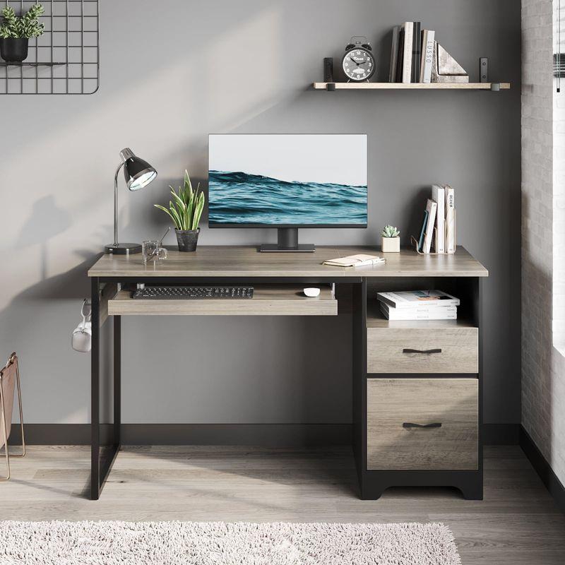 Bestier 48” Office Desk with Drawers, Computer Writing Desk with Keyboard Tray & 2 Hooks for Home Office, Gray