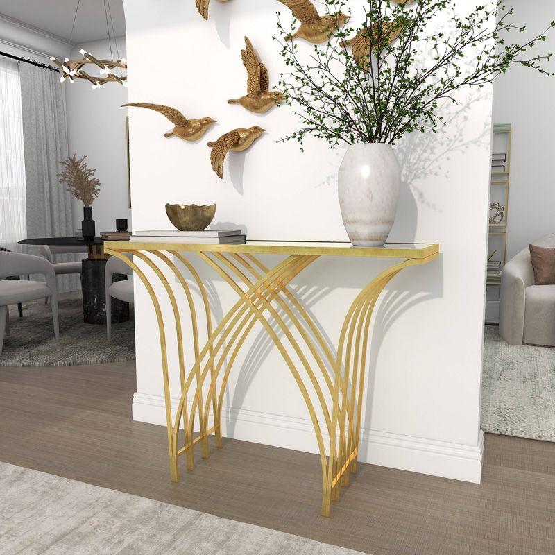 Mercer41 Derbyshire Metal Geometric Gold Console Table with Mirrored Glass Top