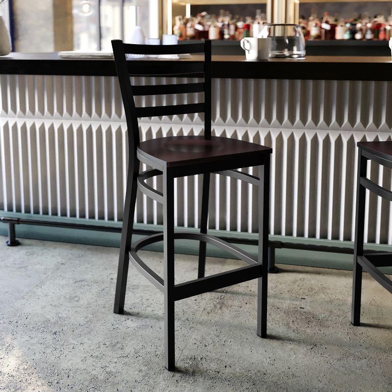 Flash Furniture HERCULES Series Black Ladder Back Metal Restaurant Barstool - Walnut Wood Seat