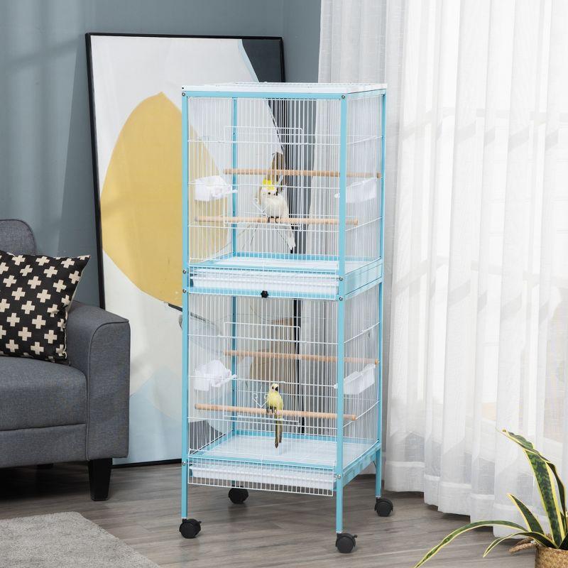 PawHut 55" 2 In 1 Bird Cage Aviary Parakeet House for finches, budgies with Wheels, Slide-out Trays, Wood Perch, Food Containers