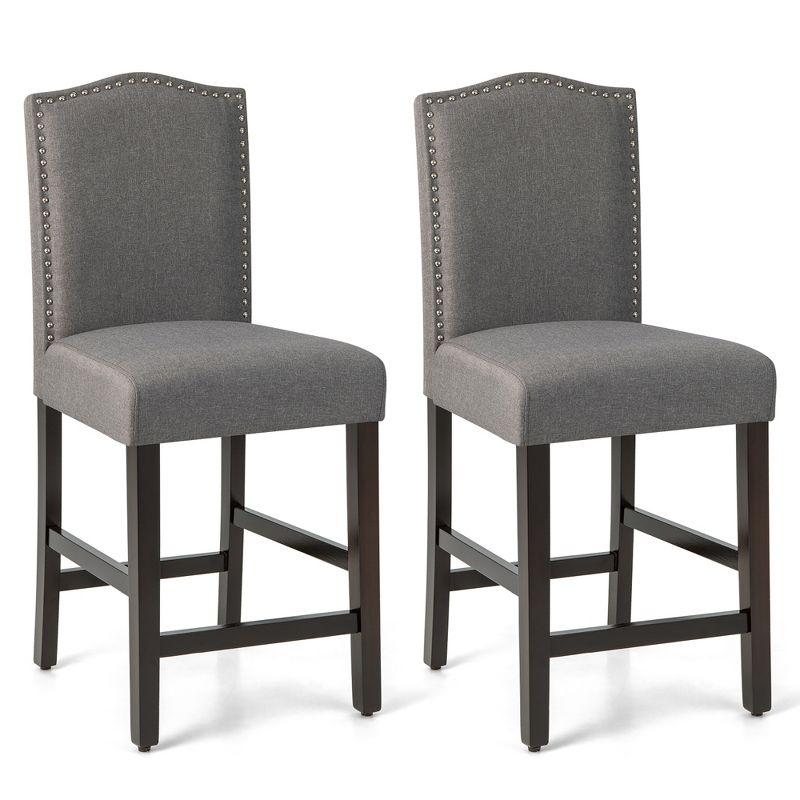 Costway Set of 2 Upholstered Bar stools 25''  Counter  Height Chairs with Rubber Wood Legs Grey