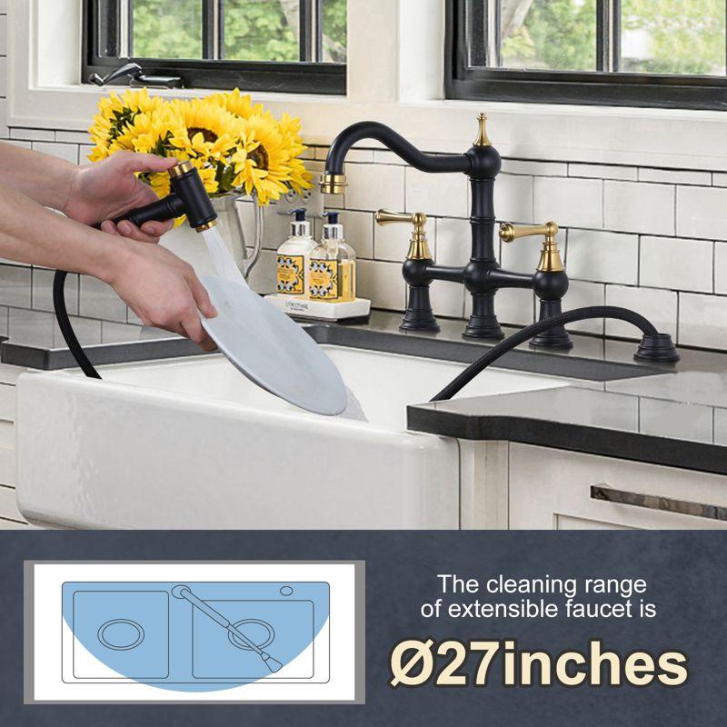 WOWOW Double Handle Bridge Kitchen Faucet with Side Sprayer in Gold and Black