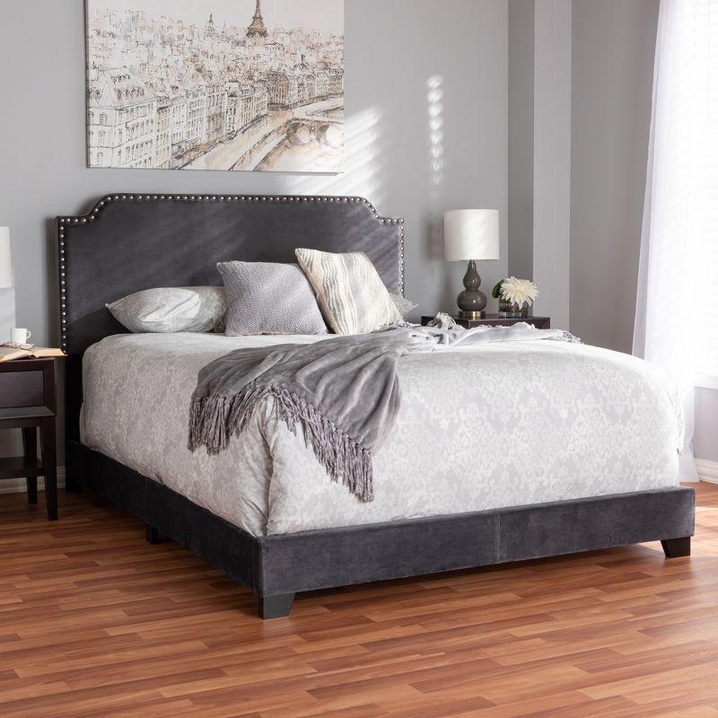 King-Sized Luxe Velvet Upholstered Bed with Nailhead Trim