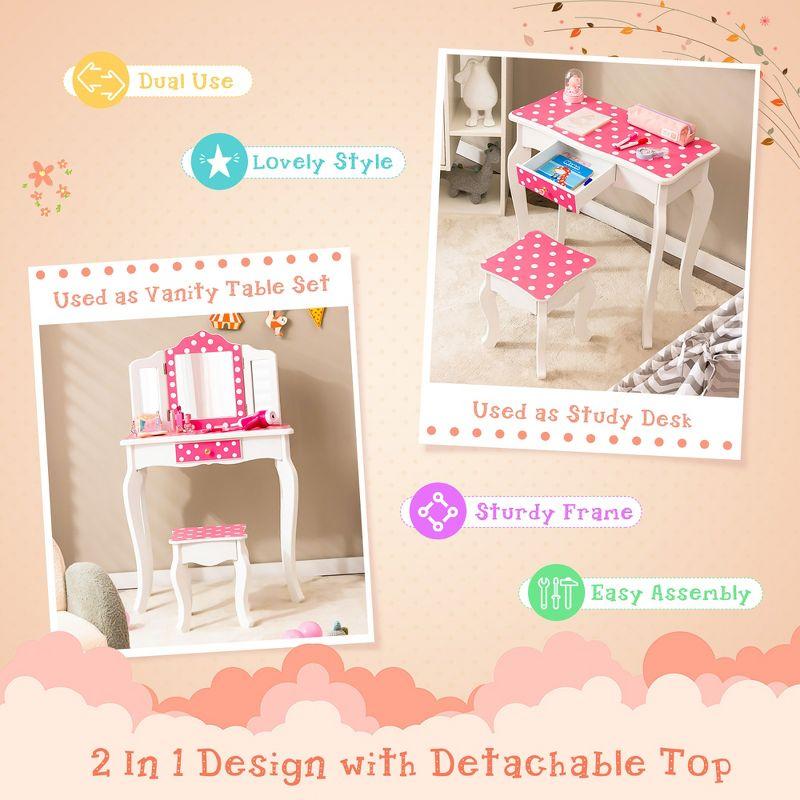 Costway Kid Vanity Set Wooden Makeup Table Stool Tri-Folding Mirror Polka Dot Print Pink