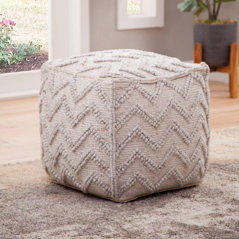 Kenzari Cream Zigzag Handwoven Wool Pouf - 18"