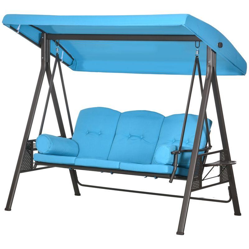 Outsunny 3-Seat Outdoor Patio Swing with Adjustable Tilt Canopy, Cushions, Pillow, Steel Frame, Side Tray, Cup Holder, Blue