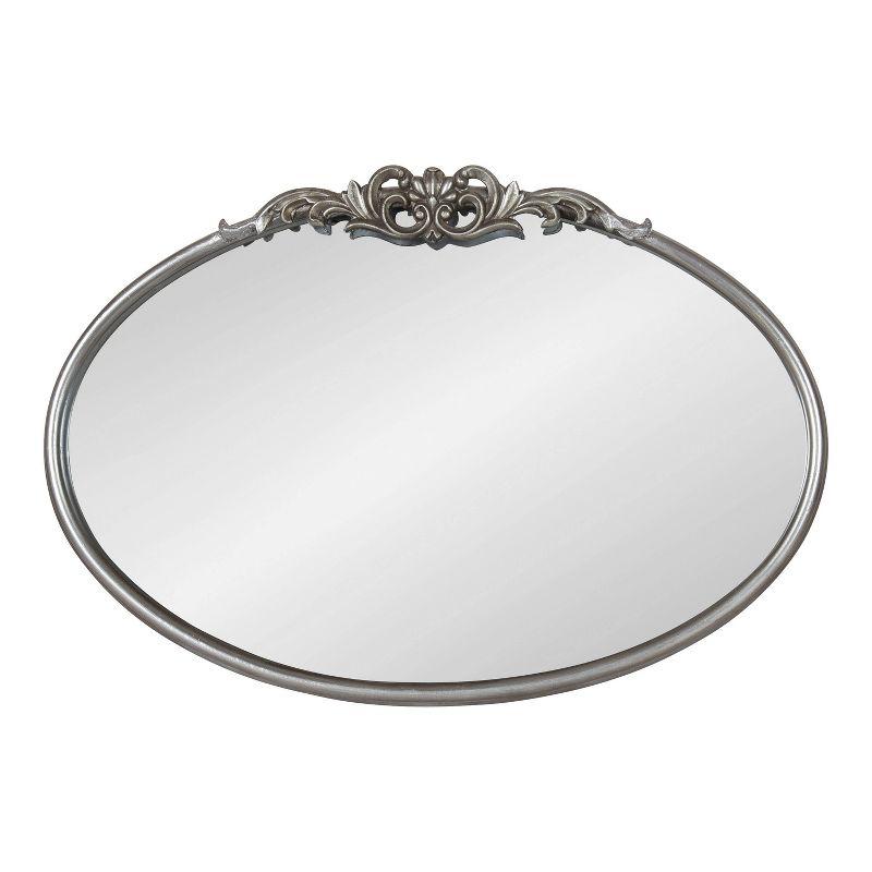 Oval Silver Wood Vanity Mirror with Intricate Metal Crown