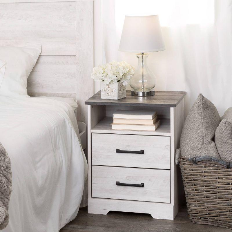 Prepac Rustic Ridge Farmhouse Nightstand with 2 Drawers and Open Cubby Washed White