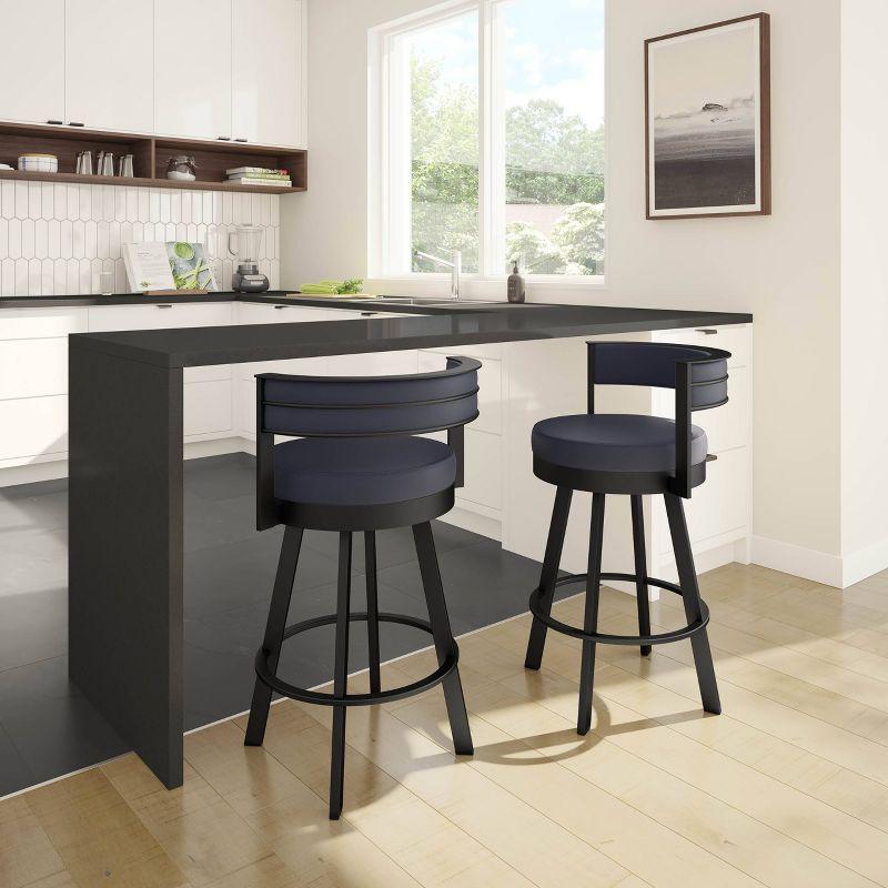 Amisco Browser Upholstered Barstool Navy/Black: Faux Leather, Oval Shape, Steel Frame, 300 lbs Capacity