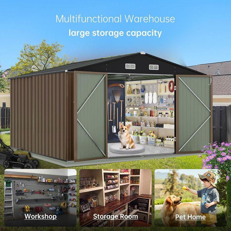 10x8 FT Outdoor Metal Storage Shed, Steel Utility Shed Storage, Metal Shed Outdoor Storage with Lockable Door Design Brown