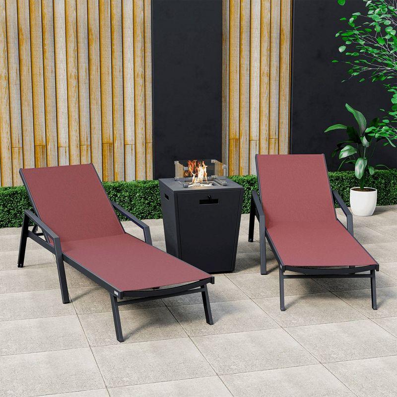 Outdoor Aluminum Chaise Lounge Chair with Fire Pit Side Table (Set of 3)