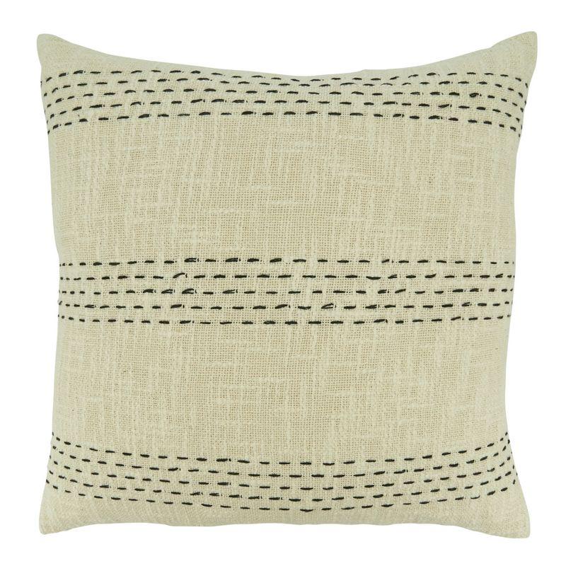 Beige Cotton Throw Pillow with Stitch Line Design, 20"