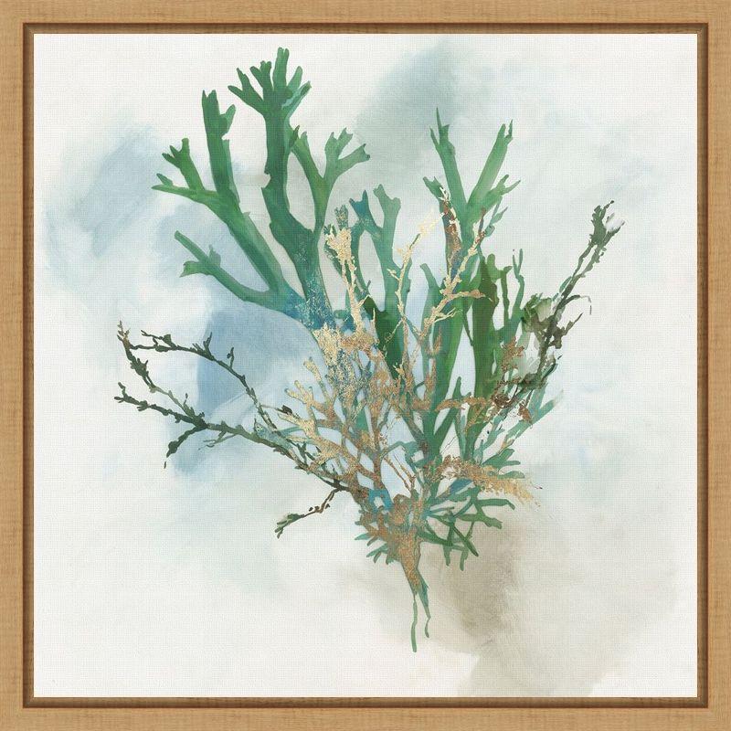 Green Coral Watercolor Canvas Print with Natural Wood Frame