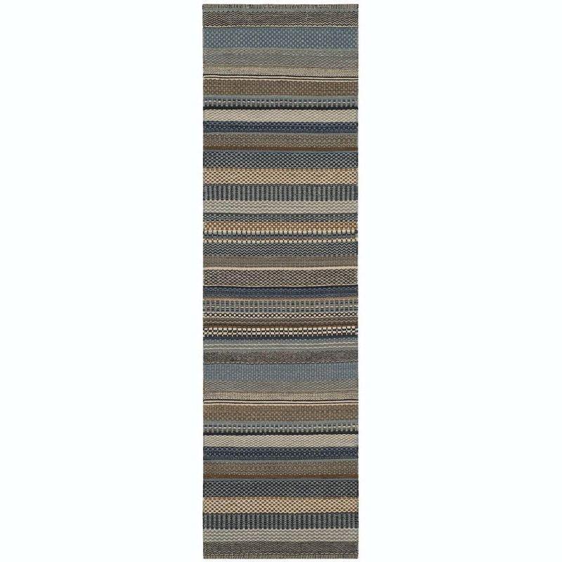 Blue and Beige Wool Handwoven Striped Runner Rug