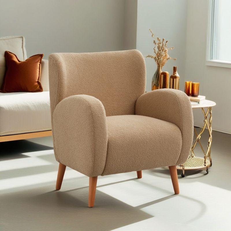 Camel Boucle Upholstered Barrel Accent Chair with Wood Legs