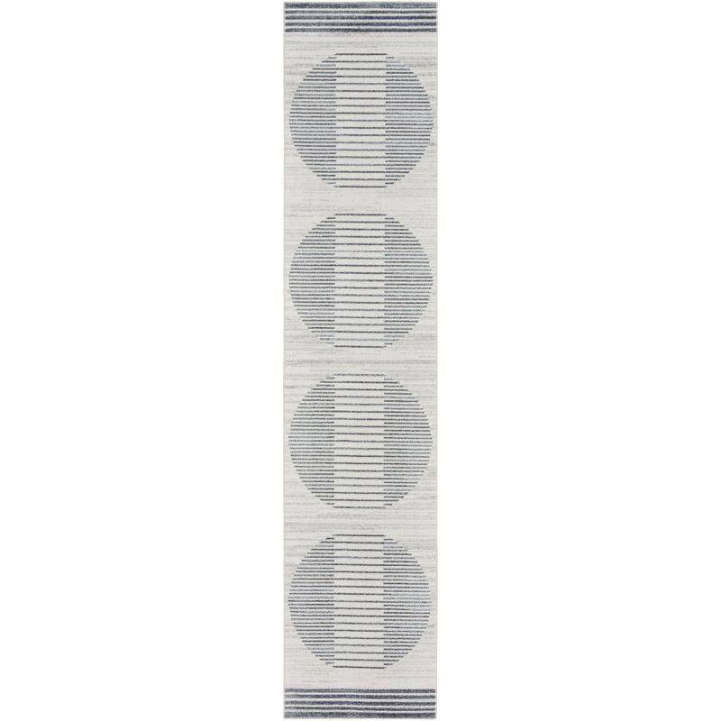 Nourison Astra Machine Washable Stripe Circle Mid-Century Modern Indoor Bathroom, Kitchen Runner Rug Ivory Blue 2'2" x 10'