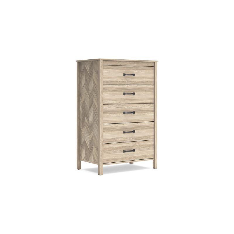 Tan Oak Grain Mid-Century 5-Drawer Dresser with Chevron Pattern