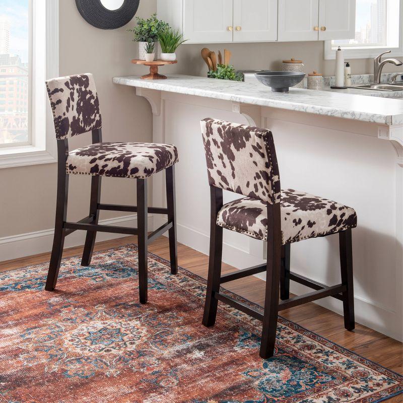 Linon 24" Corey Microfiber Upholstery Counter Height Barstool Cow print : Farmhouse Style, Wood Frame, Footrest