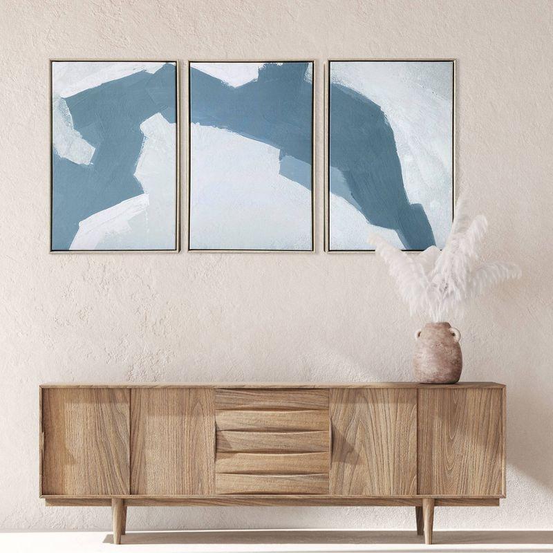 48" x 24" Abstract Blues Triptych Canvas with Gold Frame