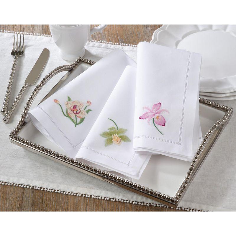 Saro Lifestyle Embr'd Fuchsia Orchid Hemstitch Napkin, 20" Square, White (Set of 6)