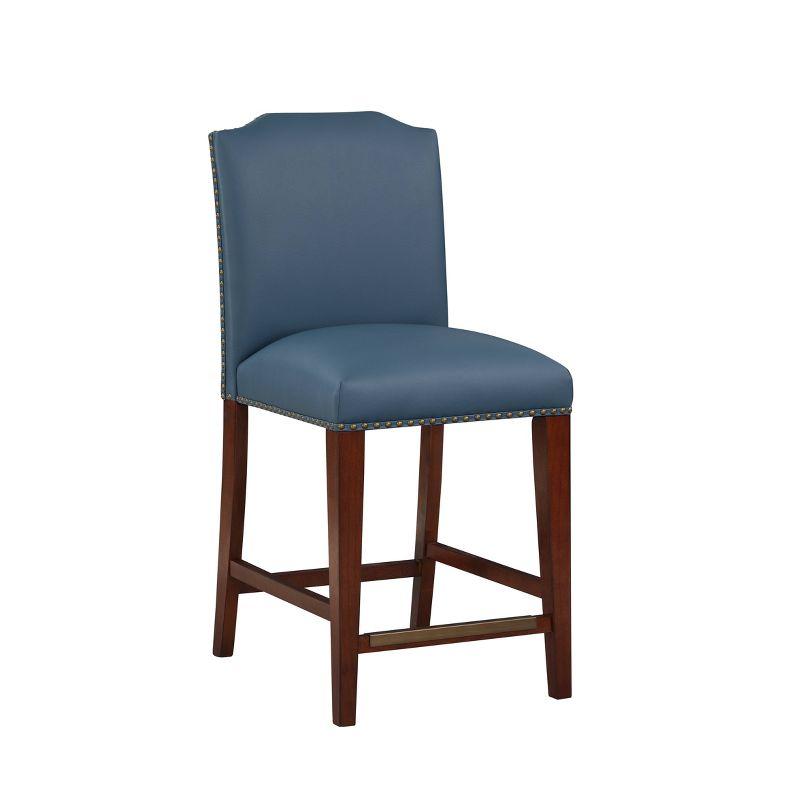 Blue Faux Leather and Wood Counter Stool with Nailhead Trim