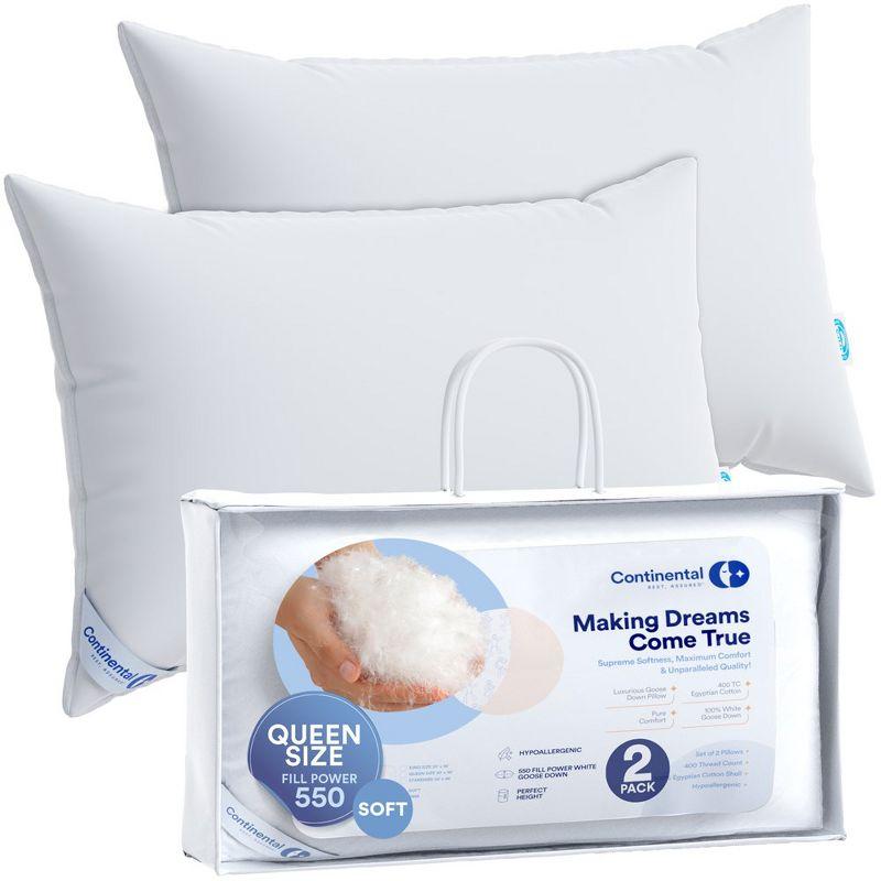 ContinentalBedding Continental Bedding Soft Down Pillows, 2-Pack, 550FP, 75% Down 25% Feather, 400TC 100% Cotton Cover (Set of 2)
