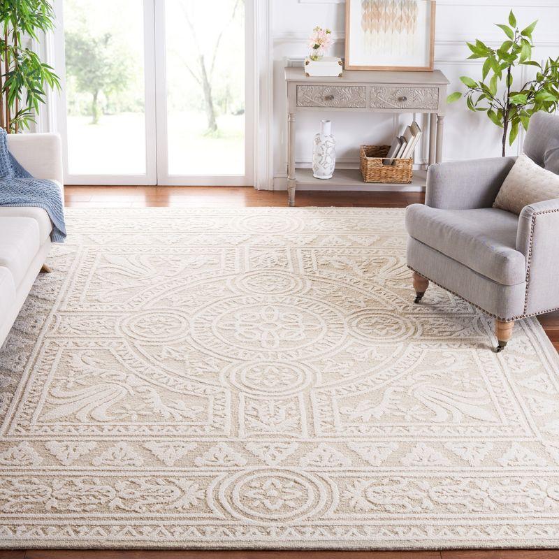 Ivory and Light Grey Floral Wool Tufted Square Rug