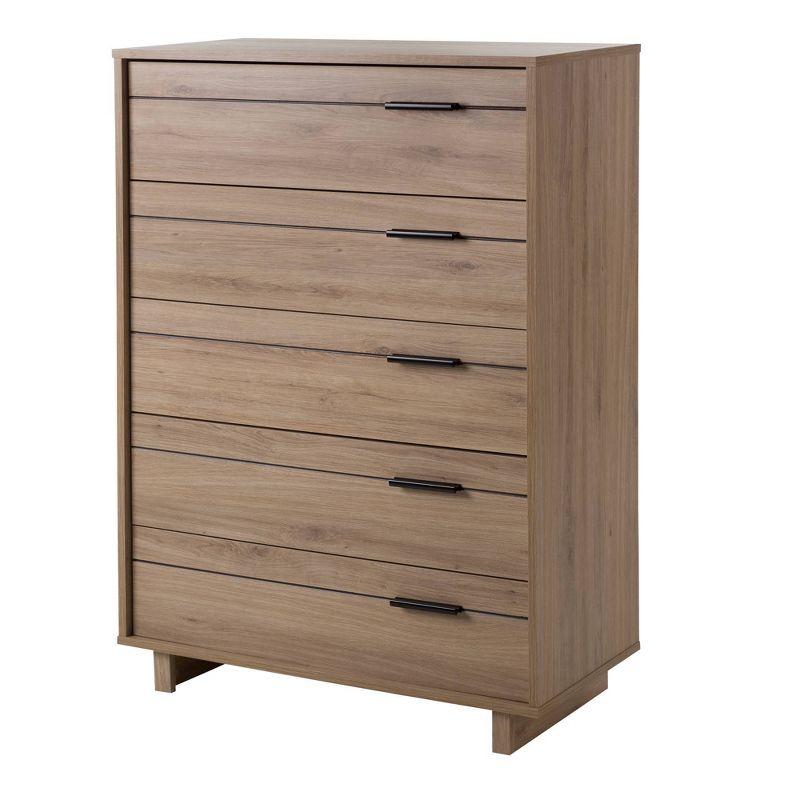 Rustic Oak Vertical 5-Drawer Chest with Black Handles