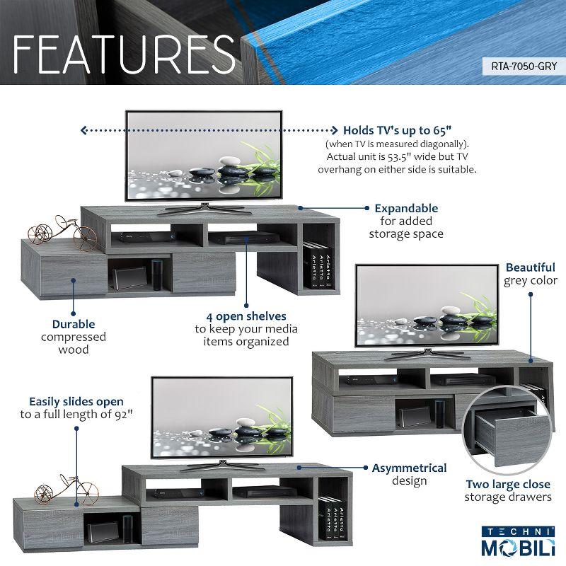 Adjustable TV Stand for TVs up to 65" Console Gray - Techni Mobili: Expandable, with Open Shelves & Metal Hardware