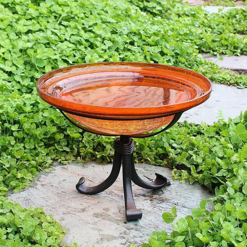 Mandarin Orange Crackle Glass Birdbath with Wrought Iron Tripod Stand