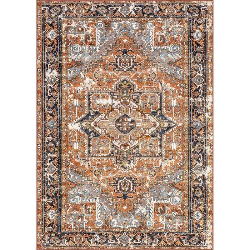 Rust and Blue Rectangular Synthetic Persian Area Rug