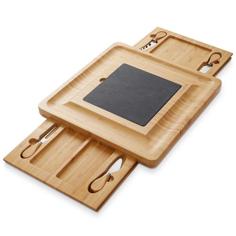 Casafield Bamboo Cheese Cutting Board with Removable Slate Cheese Plate, Stainless Steel Knives, and Slide-Out Snack Trays