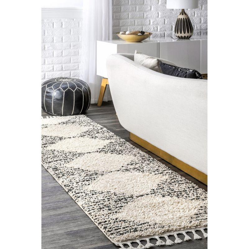 Off-White Synthetic Moroccan Diamond Shag Runner Rug with Braided Tassels