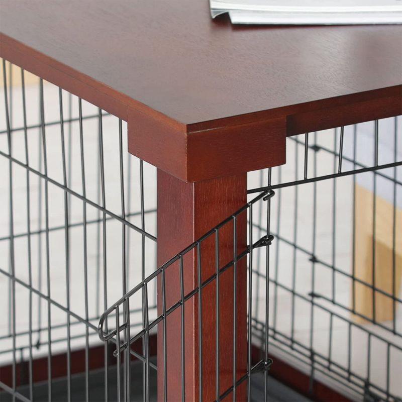 Merry Products 2 Door Decorative Pet Kennel with Wooden Protection Cover, Divider Insert, and Removable Tray End or Side Table, Large, Brown