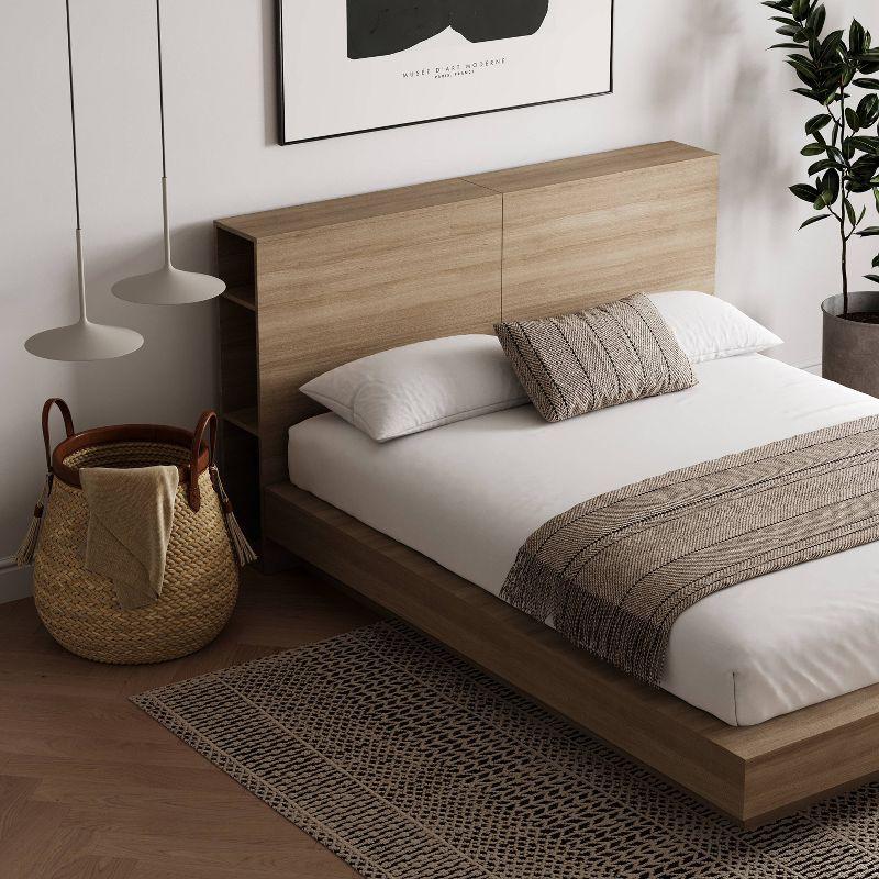 Nexera Queen Marconi Platform Bed Set Brown Oak: Modern Style, Wood Composite, Storage Headboard