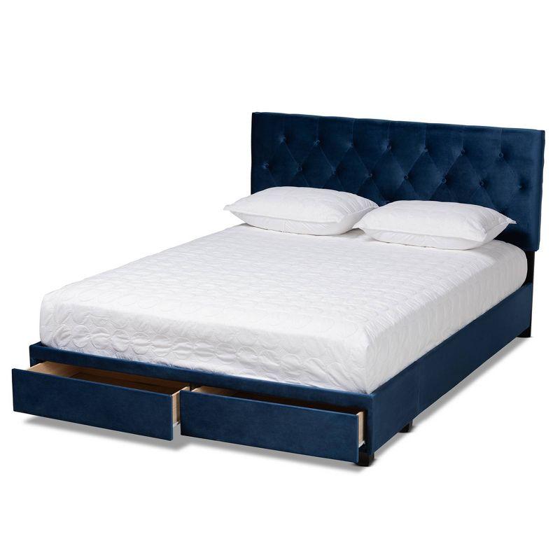 Navy Blue Velvet Queen Storage Bed with Tufted Headboard