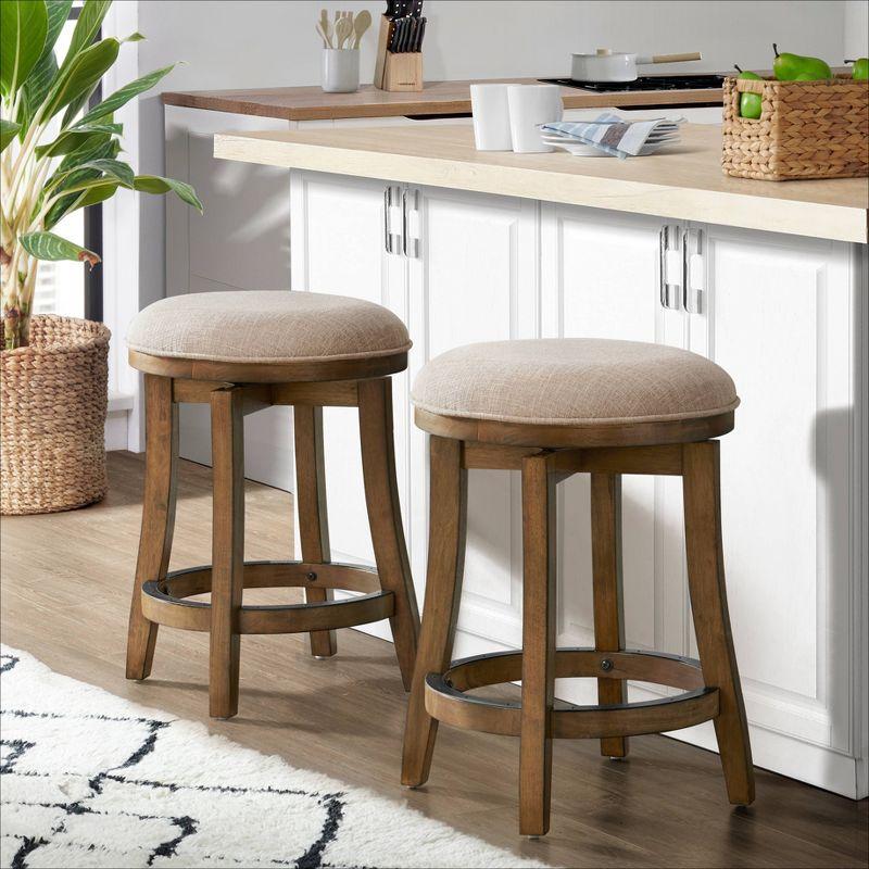 Alaterre Ellie Upholstered Swivel Bar Stool Chairs with Padded Seat and Back, Rubberwood Frame with Metal Kick Plate