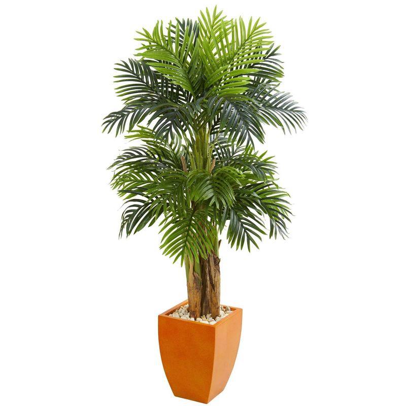 Lush Green Triple Areca Palm Floor Plant in Orange Planter