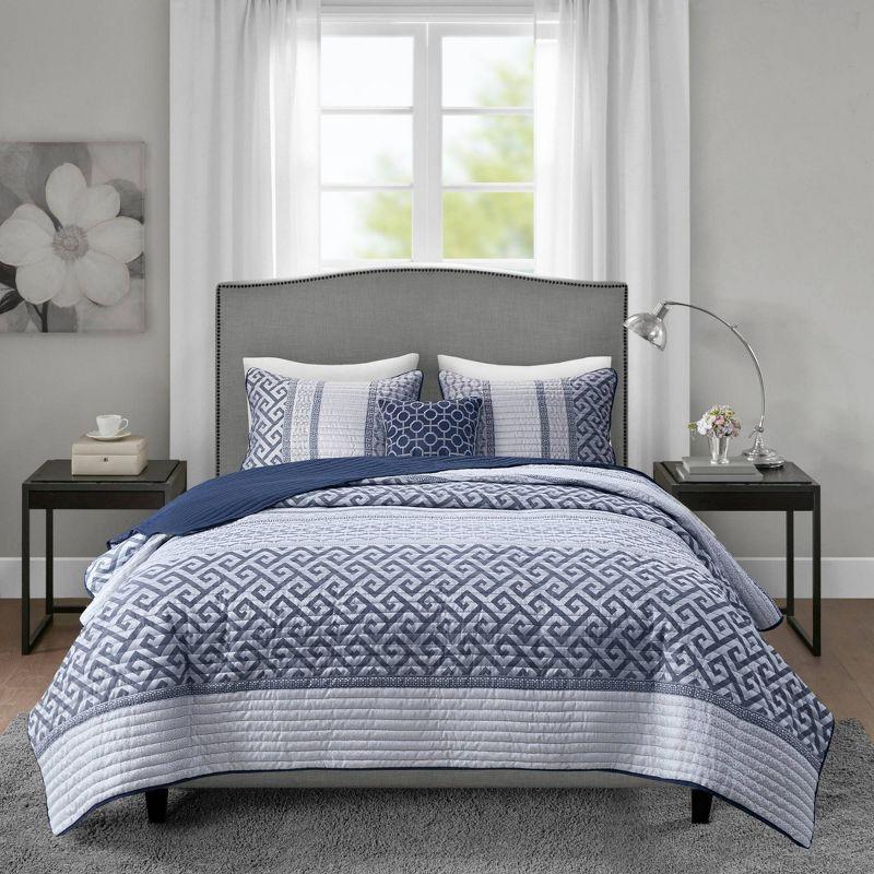 Navy Reversible Microfiber King Quilt Set