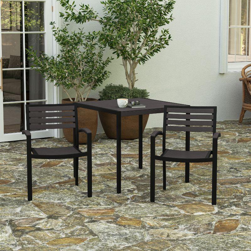 Merrick Lane Set of 2 Outdoor Stackable Faux Teak Side Chairs - Commercial Grade Black Aluminum Patio Chair with Gray Wash Synthetic Teak Slats