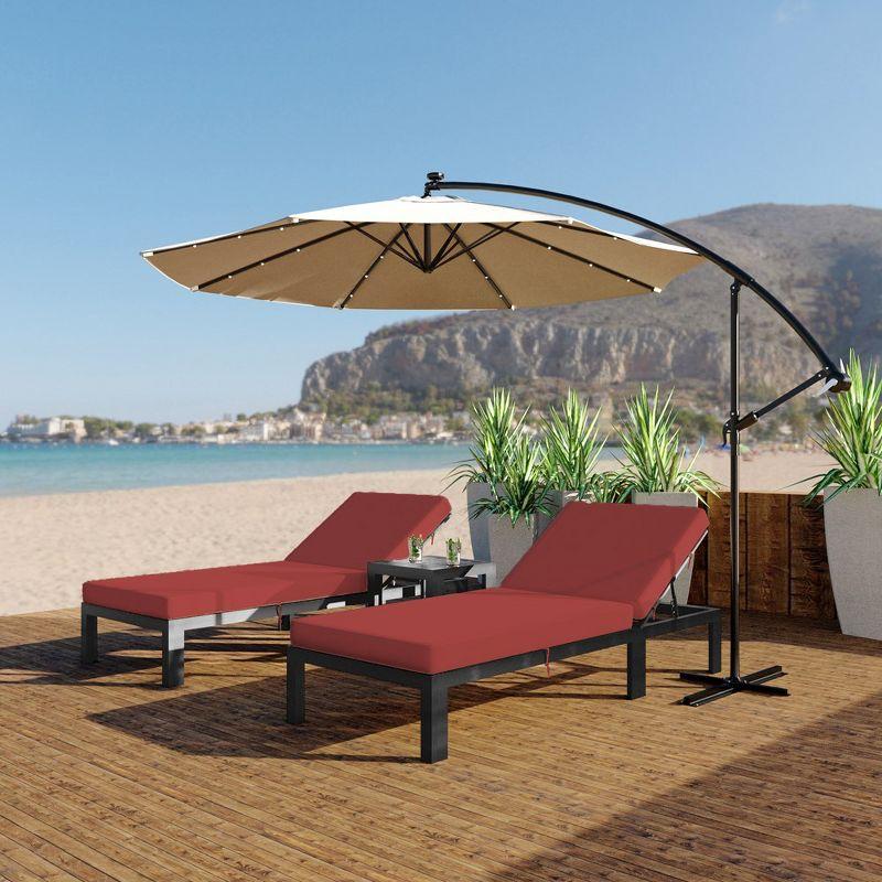 LeisureMod Chelsea Modern Outdoor Chaise Lounge Chair Set with Side Table, Black Aluminum – Set of 2 in Red