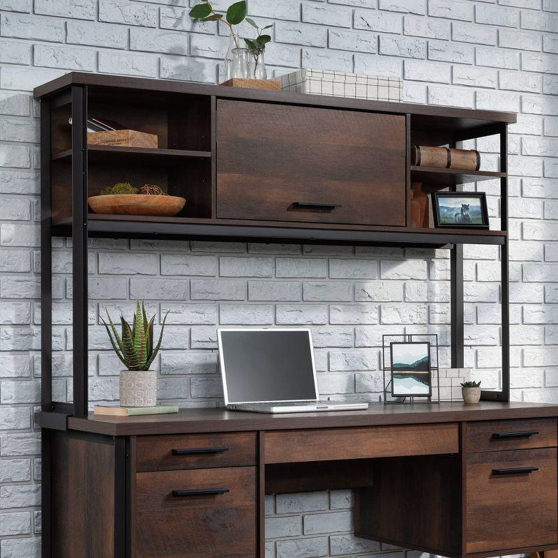 Barrel Oak and Black Metal Computer Desk Hutch with Shelves