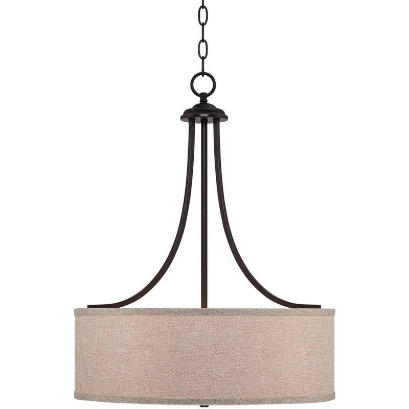 Franklin Iron Works Oil Rubbed Bronze Pendant Chandelier 19 1/2" Wide Farmhouse Rustic Oatmeal Linen Drum Shade Fixture for Dining Room Kitchen Island