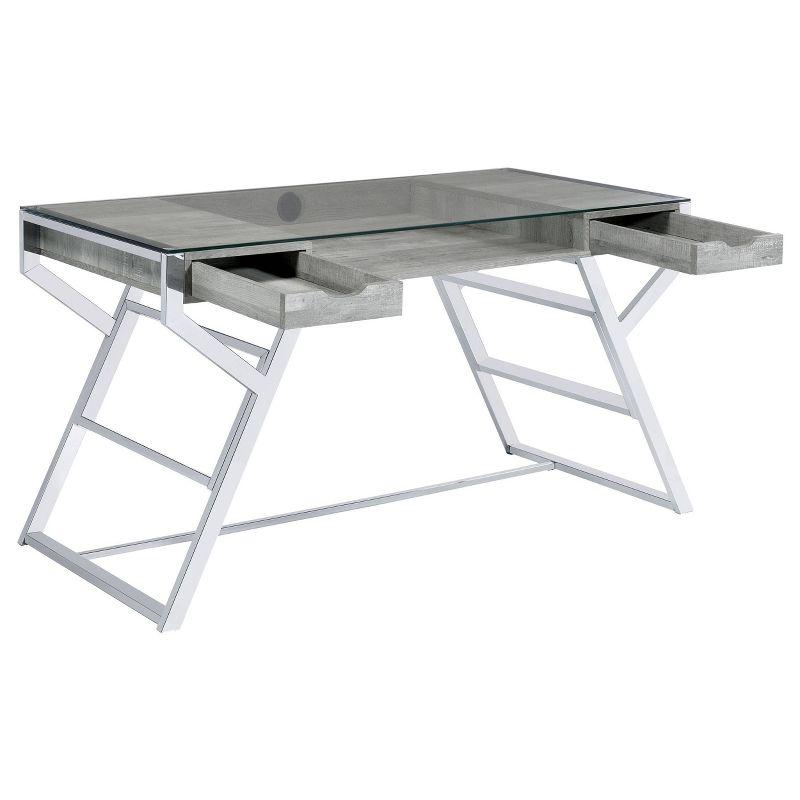 Gray Driftwood and Chrome Glass Top Writing Desk with 2 Drawers