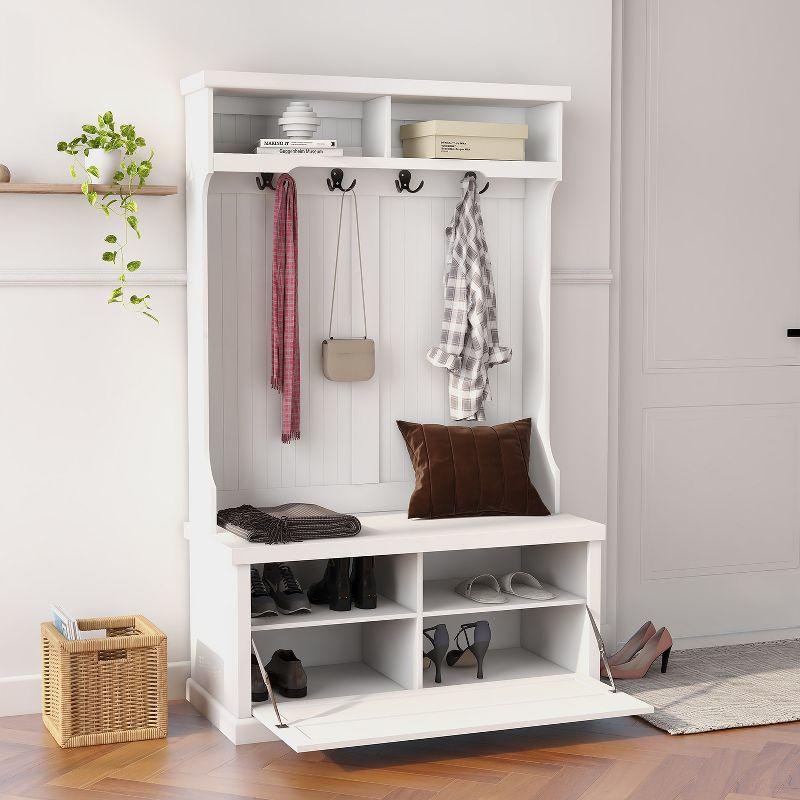 AndMakers White Wood Hall Tree with Bench Shoe Cabinet