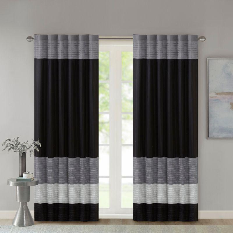 Black and Gray Faux Silk Pintuck Curtain Panel