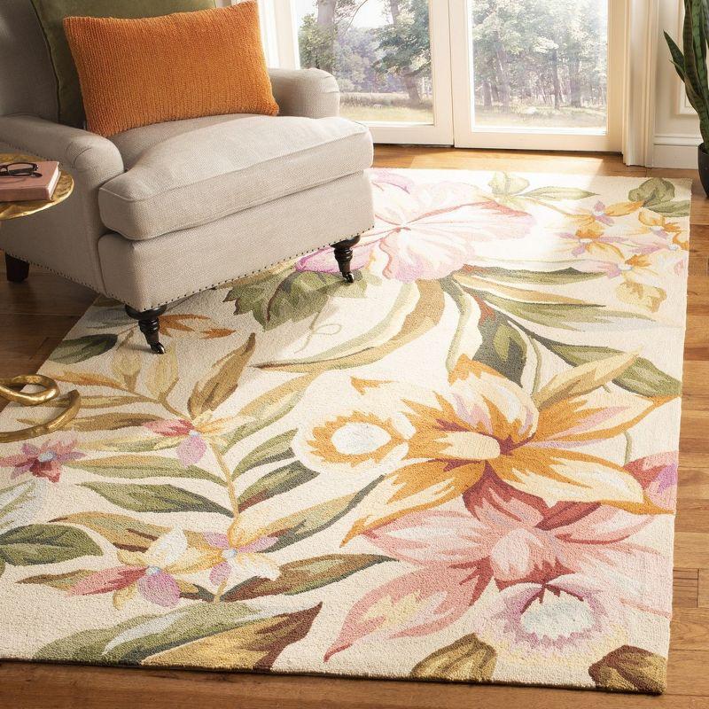 Ivory Floral Hand Hooked Wool Area Rug, 12' x 15'