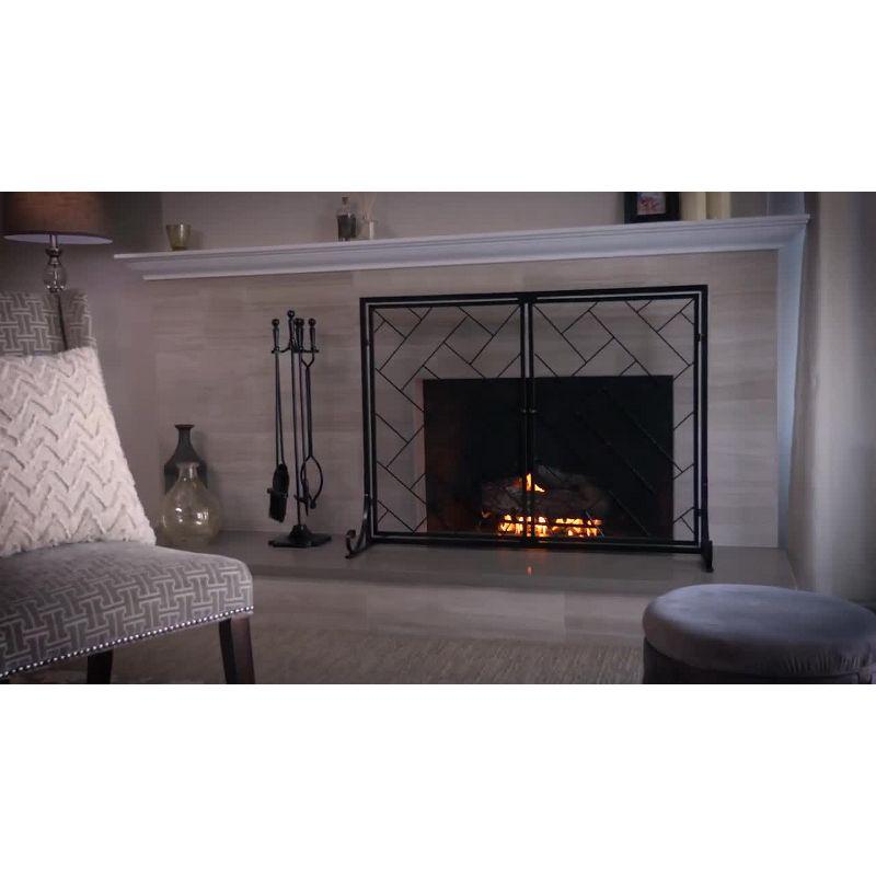 Black Wrought Iron Geometric Fireplace Screen with Magnetic Doors