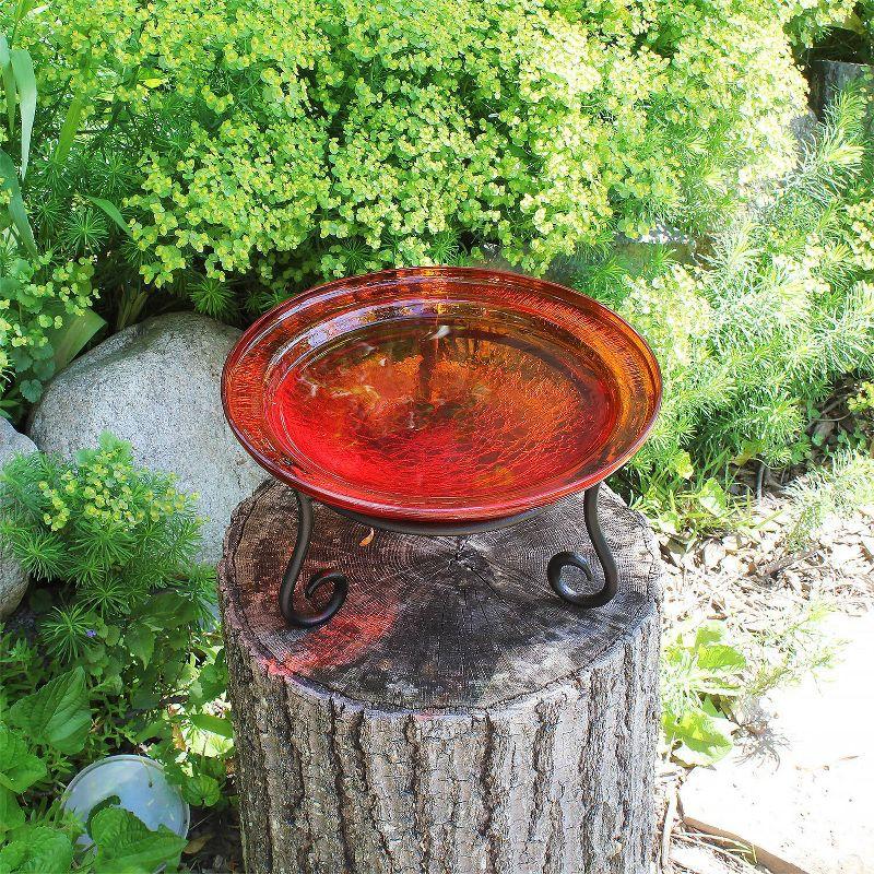 Tomato Red Crackle Glass Birdbath with Wrought Iron Stand